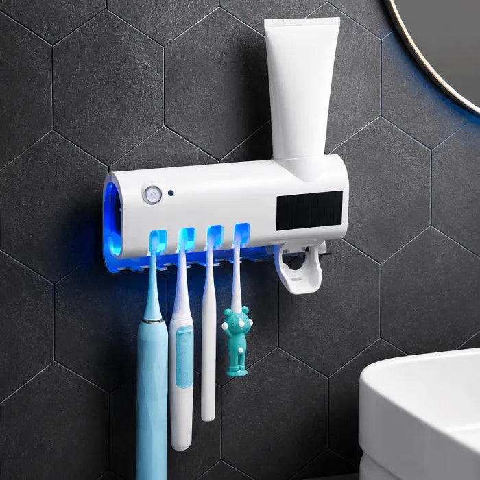 Wall Mounted UV Toothbrush Holder with Automatic Sterilizer, Toothpaste Dispenser & LED Display