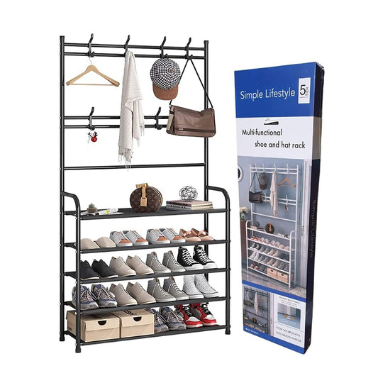 5-tier Multi-Functional Shoe And Hat Rack Clothes Hanger Heavy Duty Thick Storage Shoe Shelf