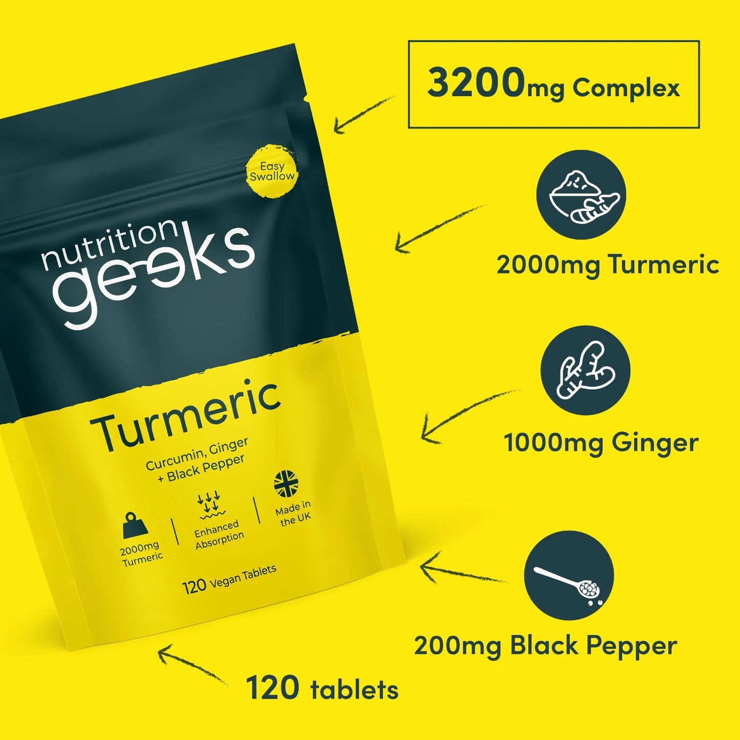 Turmeric Tablets 2000mg + Ginger + Black Pepper | 120 Tablets - UK Supplement