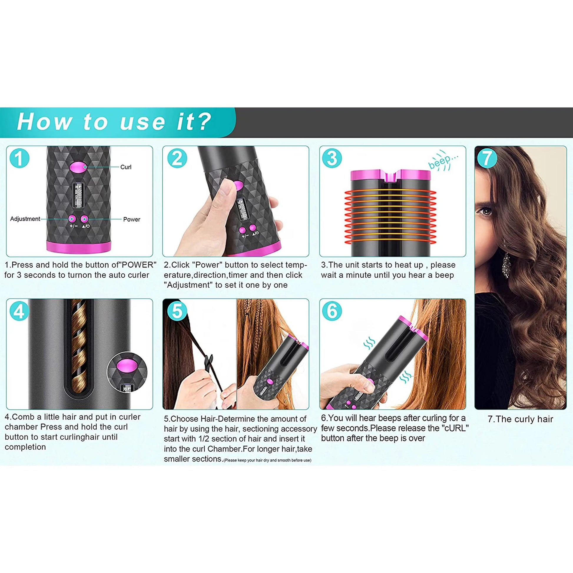 Cordless Automatic Hair Curler Portable Electric Wand Curling Iron Rechargeable Zenifie