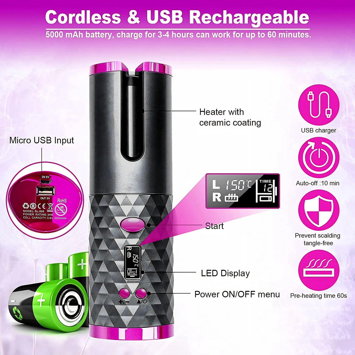 Cordless Automatic Hair Curler Portable Electric Wand Curling Iron Rechargeable Zenifie