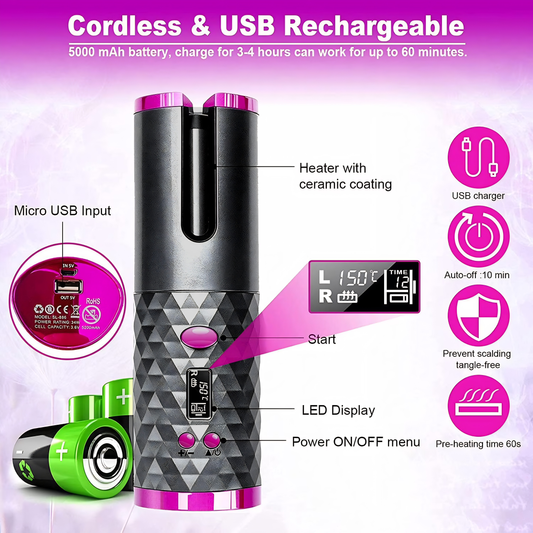 Cordless Automatic Hair Curler Portable Electric Wand Curling Iron Rechargeable
