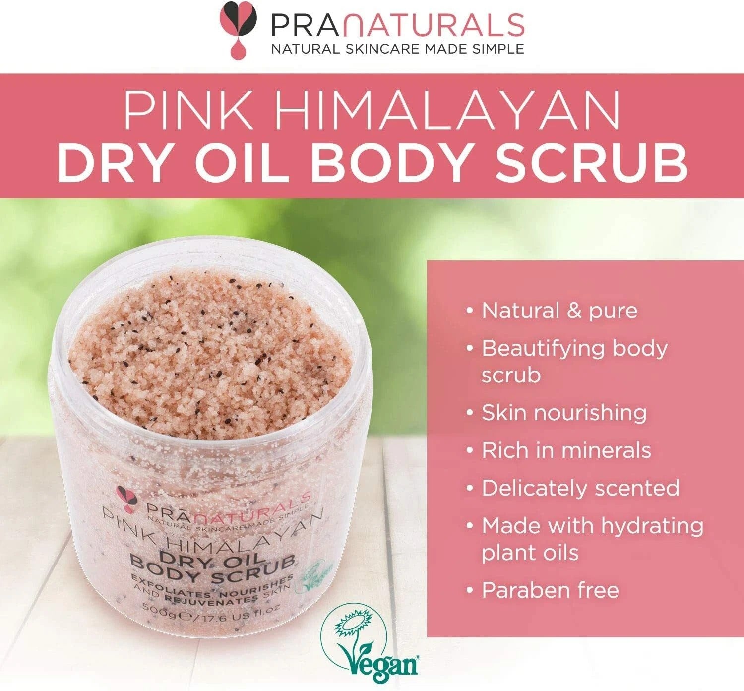 PraNaturals Pink Himalayan Salt Dry Oil Bath Body Scrub Mineral-Rich 500ml