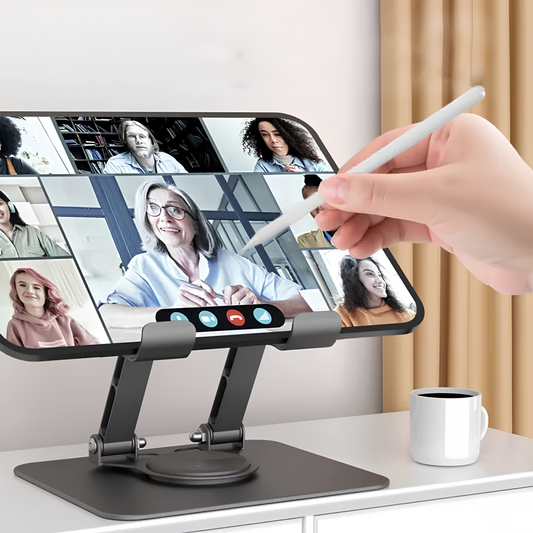 Adjustable Desktop Tablet Holder with 360° Rotating Base and Built-in Storage Stand