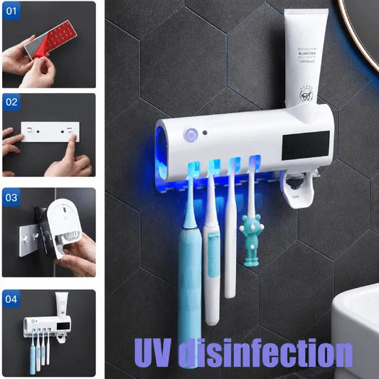 Wall Mounted UV Toothbrush Holder with Automatic Sterilizer, Toothpaste Dispenser & LED Display