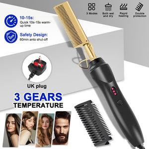 Gold Ceramic Professional Press Comb Fast Heating Hair Straightening Brush for Frizz Free Shine